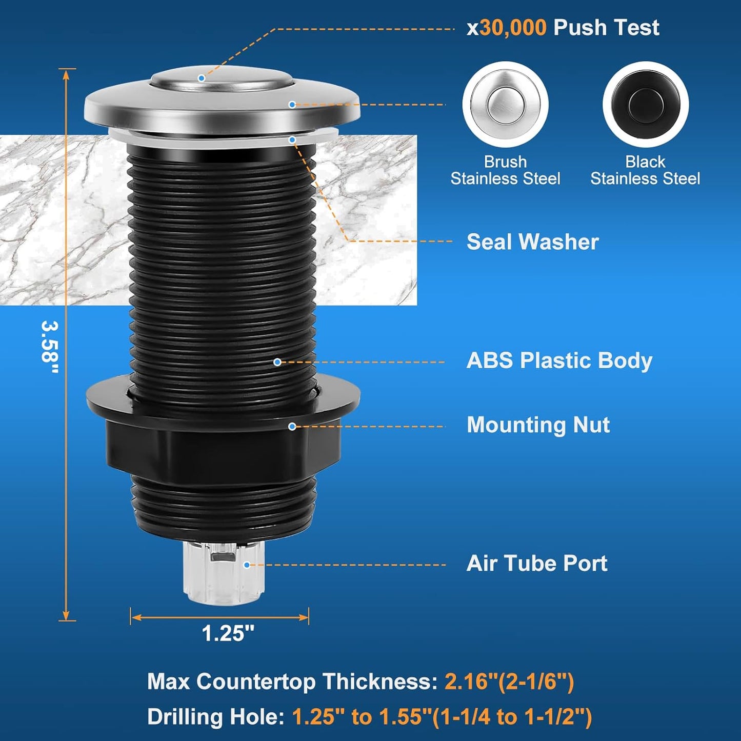 Dual Outlet Garbage Disposal Air Switch Kit, UL Listed Sink Top Air Switch for Food Waste Disposal, 3.58” Extra Long Air Button, Brushed Stainless Steel