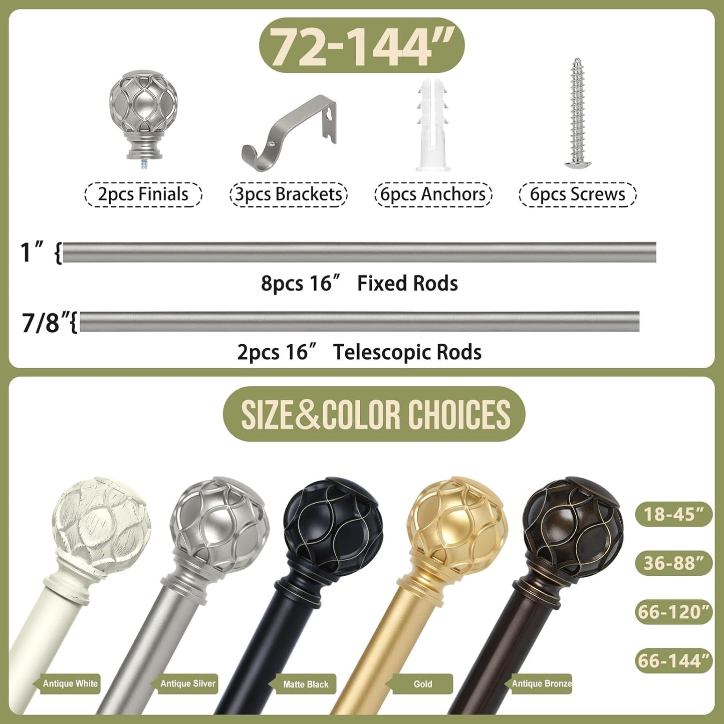 Silver Adjustable Curtain Rods for Windows:72-144" Farmhouse Heavy Duty Long Curtain Rod for Bedroom Living Room,Boho Decorative Rustic Drapery Rods with Vintage Coastal Finials,Antique Silver