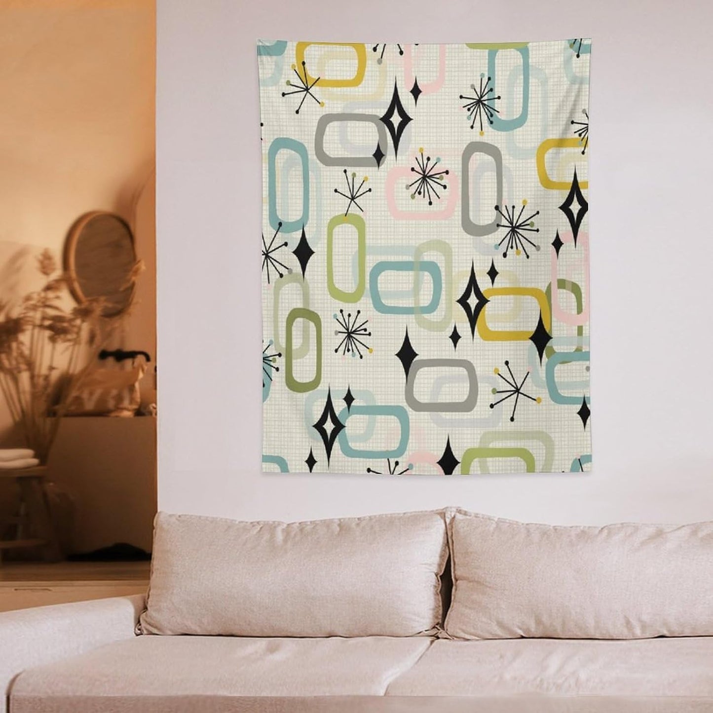 ICMOLYYENLO Boho Medieval Cat Tapestry, Abstract Atomic Starburst Geometric Aesthetic Art Wall Hanging For Bedroom Living Room Dormitory 40x60 Inches