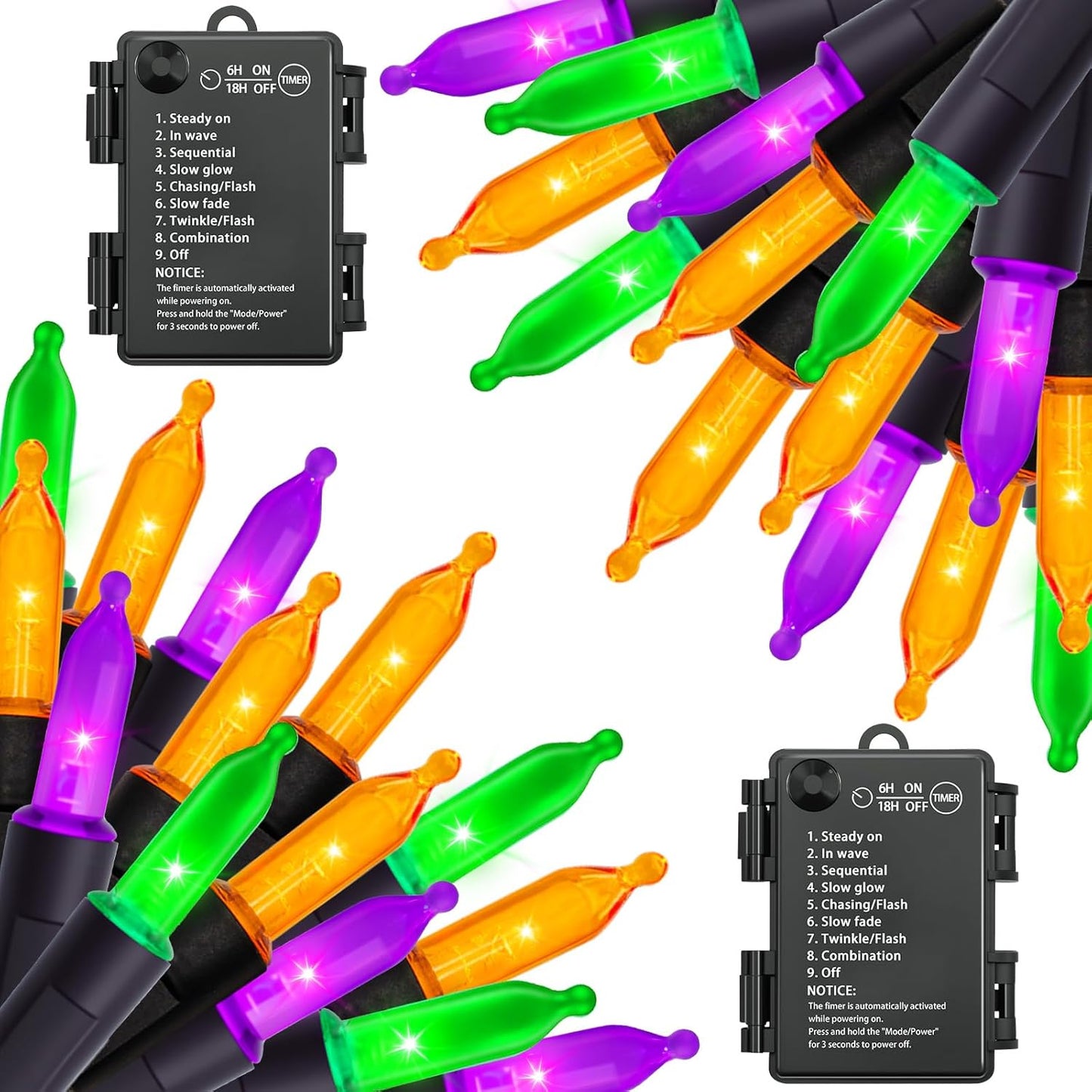 Halloween Orange Purple & Green Lights Decorations, 2 Pack 17FT 100LED Mini String Lights Battery Operated -Waterproof for Indoor Outdoor Patio Tree Holiday Fall Halloween Decor