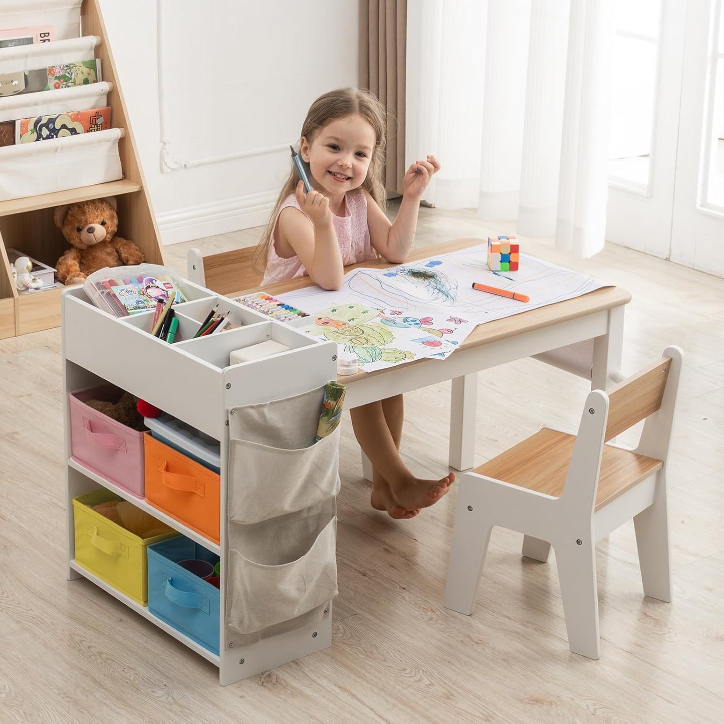 Kids Art Table and Chair - Toddler Craft Table and Chairs Set with 2 Chair & Bins, Large Storage Kids Activity Desk with Paper Roll for Playrooms & Classroom, 40" L x 20" W, Natural