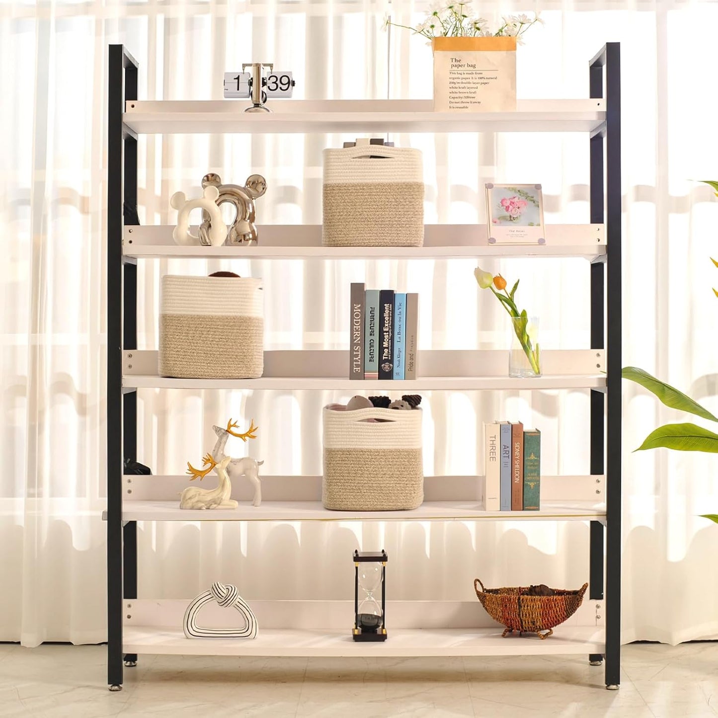 11 Inch Cube Storage Bins, Organizer Woven Cotton Rope Square Baskets for Organizing Shelves, Toys, Nursery, Off White & Brown (Pack of 3)