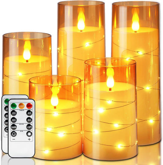 Homemory Acrylic Flameless Candles with Embedded Star String Fairy Lights, Battery Operated Candle, LED Candles, Fake Candles with Remote Control and Timer for Halloween, Amber, Set of 5(H4"5"6"8"8")
