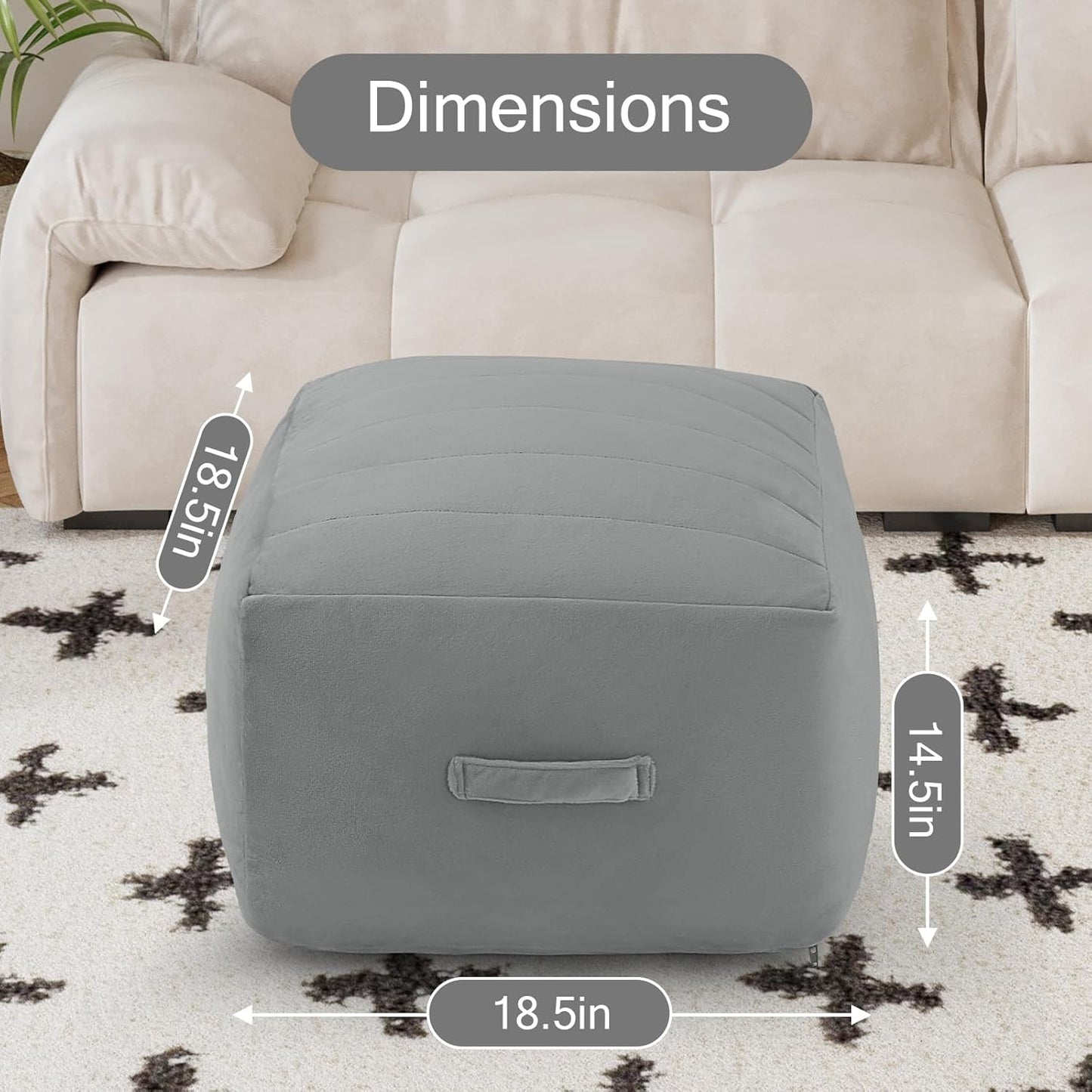 MeMoreCool Square Stuffed Pouf Ottoman Foot Rest, Floor Pouf Foot Stool with Foam Chunk Filling, Soft Stuffed Ottoman Footrest for Living Room, Light Grey