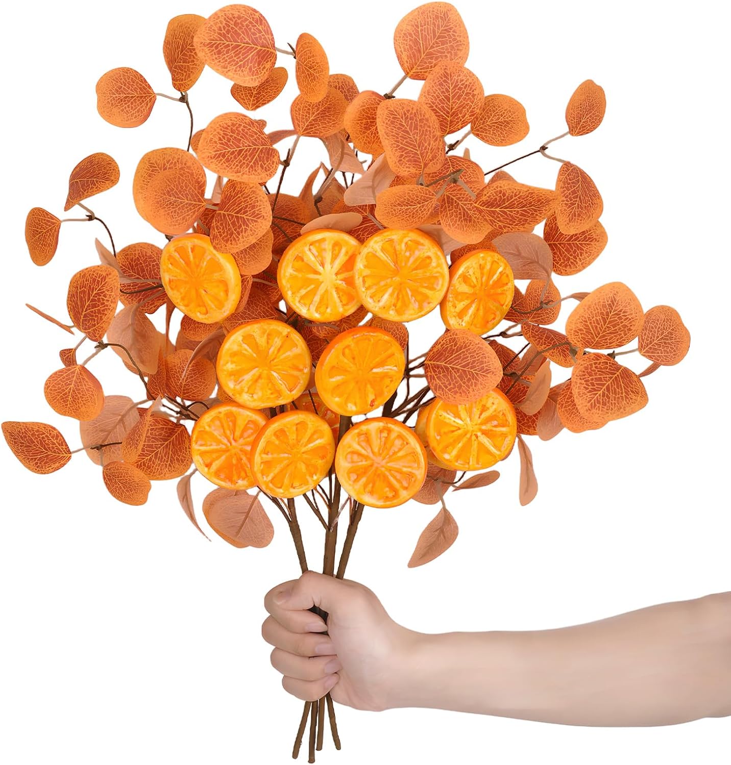 Eucalyptus Stems, 4PCS Artificial Lemon Stems Faux Citrus Branches Plastic Decor for Kitchen, Table Centerpieces, Entryway, Thanksgiving Wedding Party (Orange)
