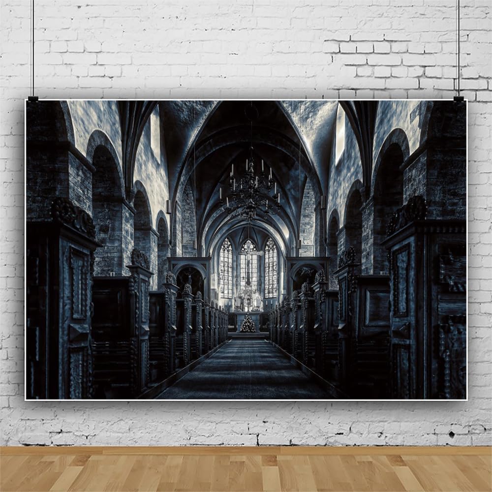 ChloropLastid 12x10ft Scary Church Halloween Backdrop Dark Black Horror Gothic Medieval Castle Interior Photography Background Halloween Night Carnival Theme Party Decor Banner Photo Studio Props