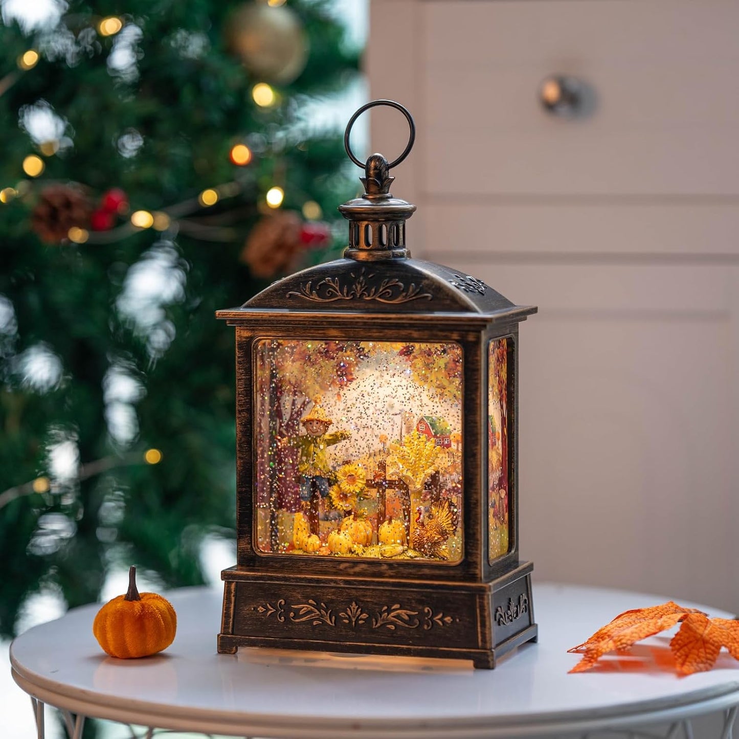 12.5'' Fall Snow Globe Lantern - Scarecrow and Turkey Lighted Water Lantern with Swirling Glitter Fall Decorations for Home, Thanksgiving, Autumn Harvest Fall Decor