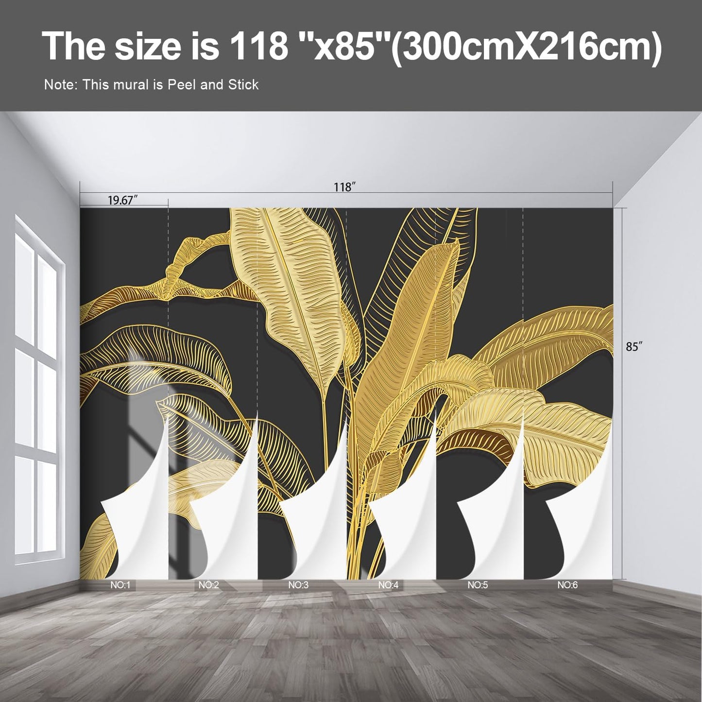 Gold Banana Leaf Wall murals Peel and Stick Wallpaper for Bedroom Living Room - 85"x118"