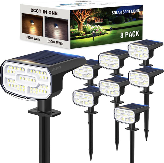 Solar Lights Outdoor Waterproof IP65, Super Bright LED, 2CCT 4 Lighting Modes 3000K/6500K Selectable, Solar Powered Yard Garden Solar Spot Lights for Outside Landscape Auto On/Off -8 Pack