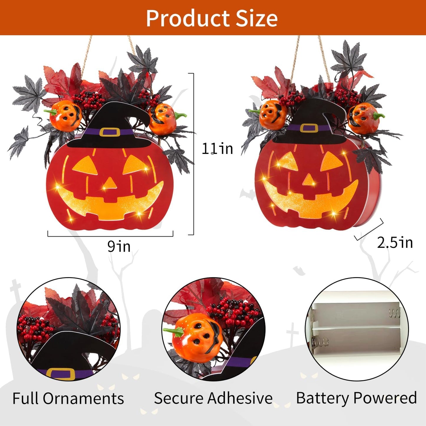 Halloween Door Decorations, Halloween Wreath Decorations Double-Sided Pumpkin with Timer Function, Light up Jack O Lantern for Front Door Window Wall Outside Decor, Battery Operated, 11 Inch