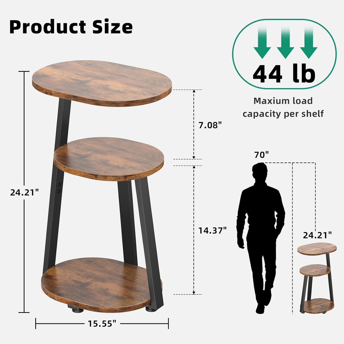 Side Table, Small End Table with Metal Frame, 3-Tier Bedside Tables, Round Side Tables for Living Room Bedroom Couch Bathroom, Oval, Vintage Brown