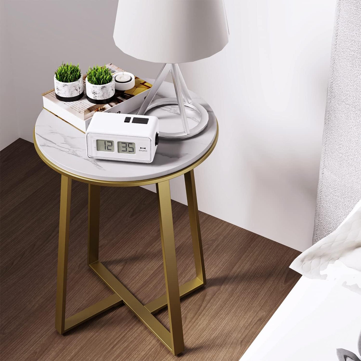 Round End Tables, Small Side Table White Marble Texture MDF Top,Metal Frame Gold Color, Tall End Table for Bed Room,Coffee Tea End Table for Living Room (White Marble+Gold)