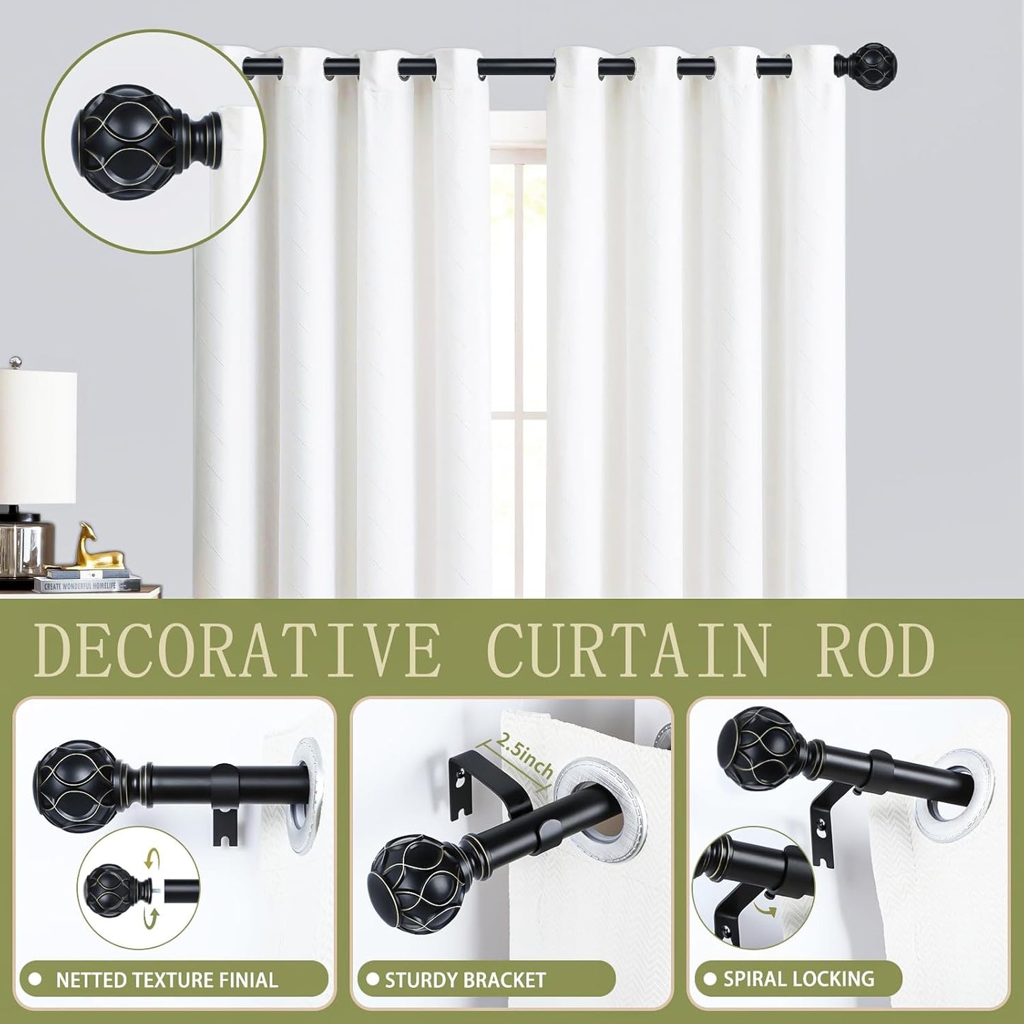 Black Adjustable Curtain Rods for Windows:18-60" Farmhouse Heavy Duty Curtain Rod for Bedroom Living Room,Boho Decorative Rustic Drapery Rods with Vintage Coastal Texture Finial,Matte Black