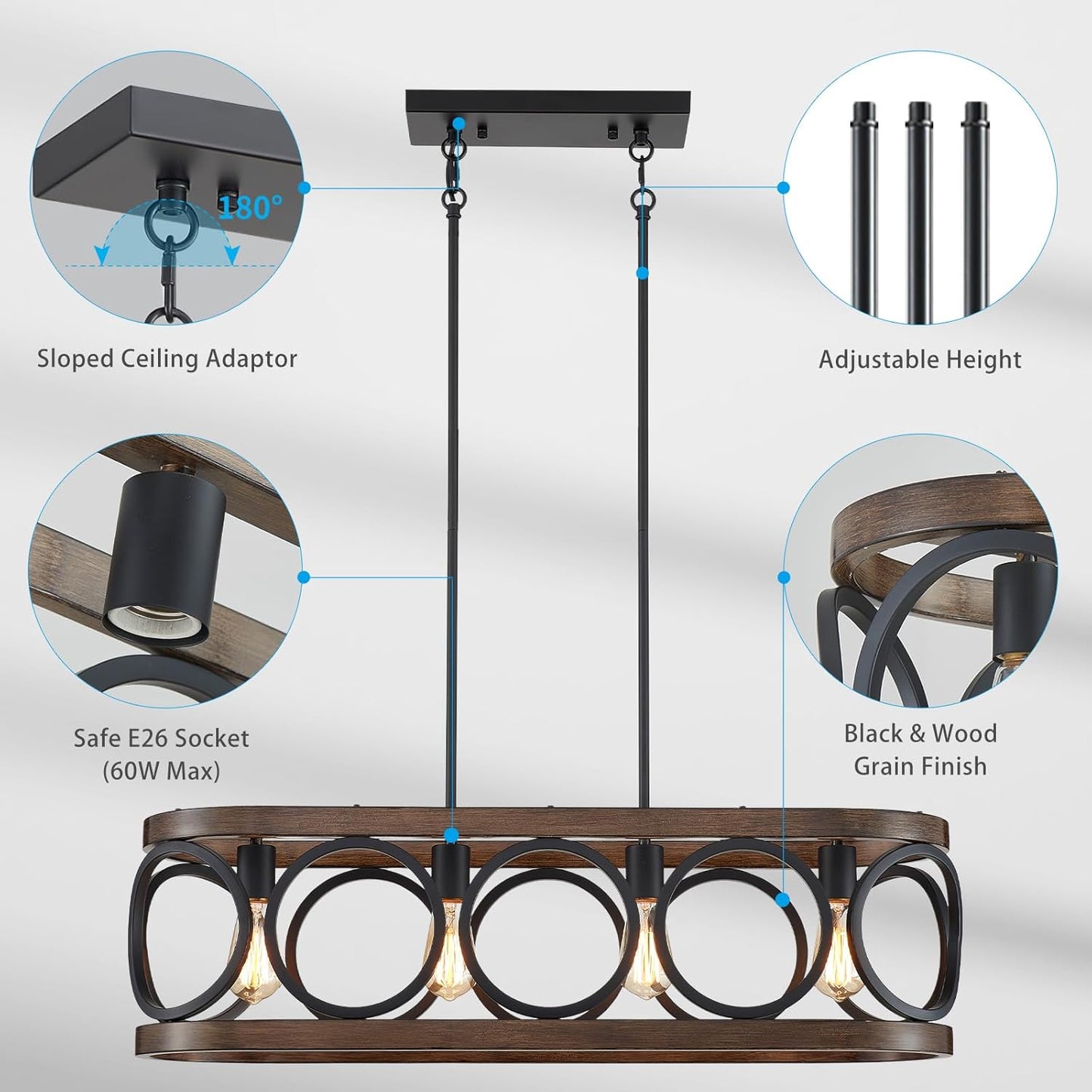 XINGQI Rectangular Linear Kitchen Island Chandeliers Over Table 32.7" Black Pendant Lighting Fixtures Farmhouse 4-Light for Dining Room Bar Office Coffee Shop, Black Wood Grain