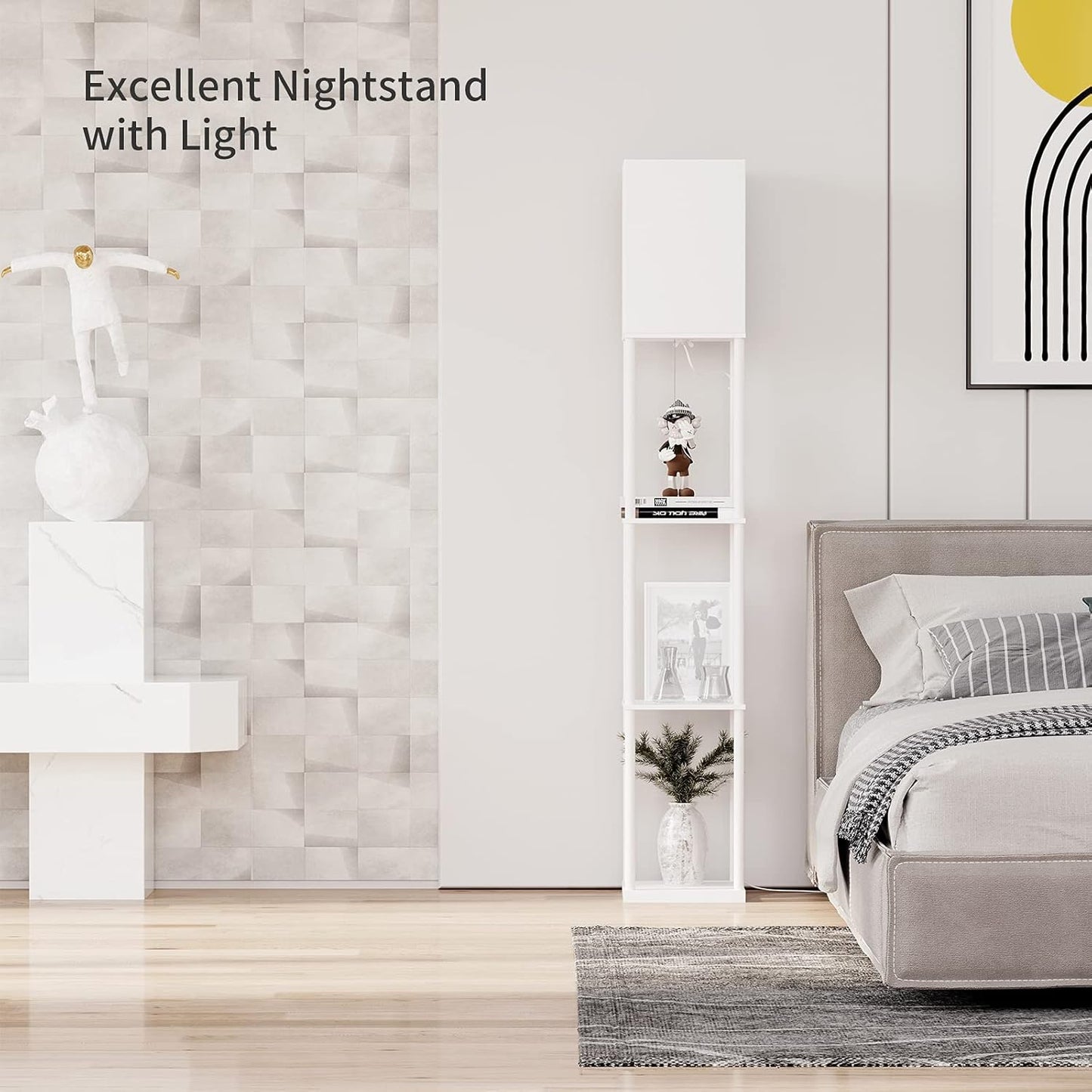 SUNMORY Shelf Floor Lamp with 3-Way Dimmable LED Bulb, Modern Square Standing Lamp with Shelves and White Shade, Corner Display Bookshelf Lamp for Living Room and Bedroom(White)