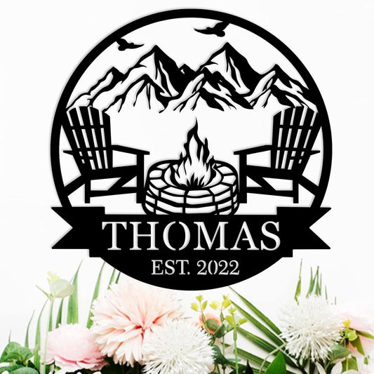 Personalized Campfire Family Name Sign, Monogram Name Camping Sign, Custom Campfire Sign, Campsite Sign, Mountain Campfire Monogram Sign, Campfire Personalized Metal Sign, Last Name Sign