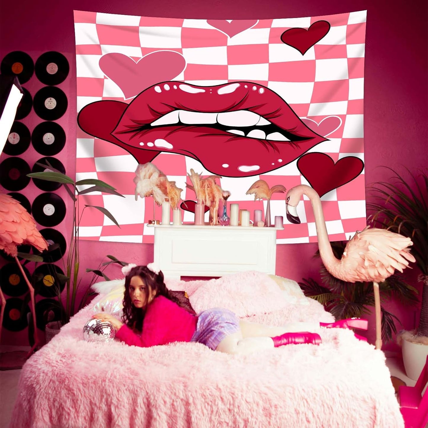 dueeia Sexy Red Lip Tapestry Wall Hanging Y2k Preppy Pink Retro Coquette Women Tapestries for Girls Bedroom Living Room Dorm Wall Decor (90.6"x70.9")