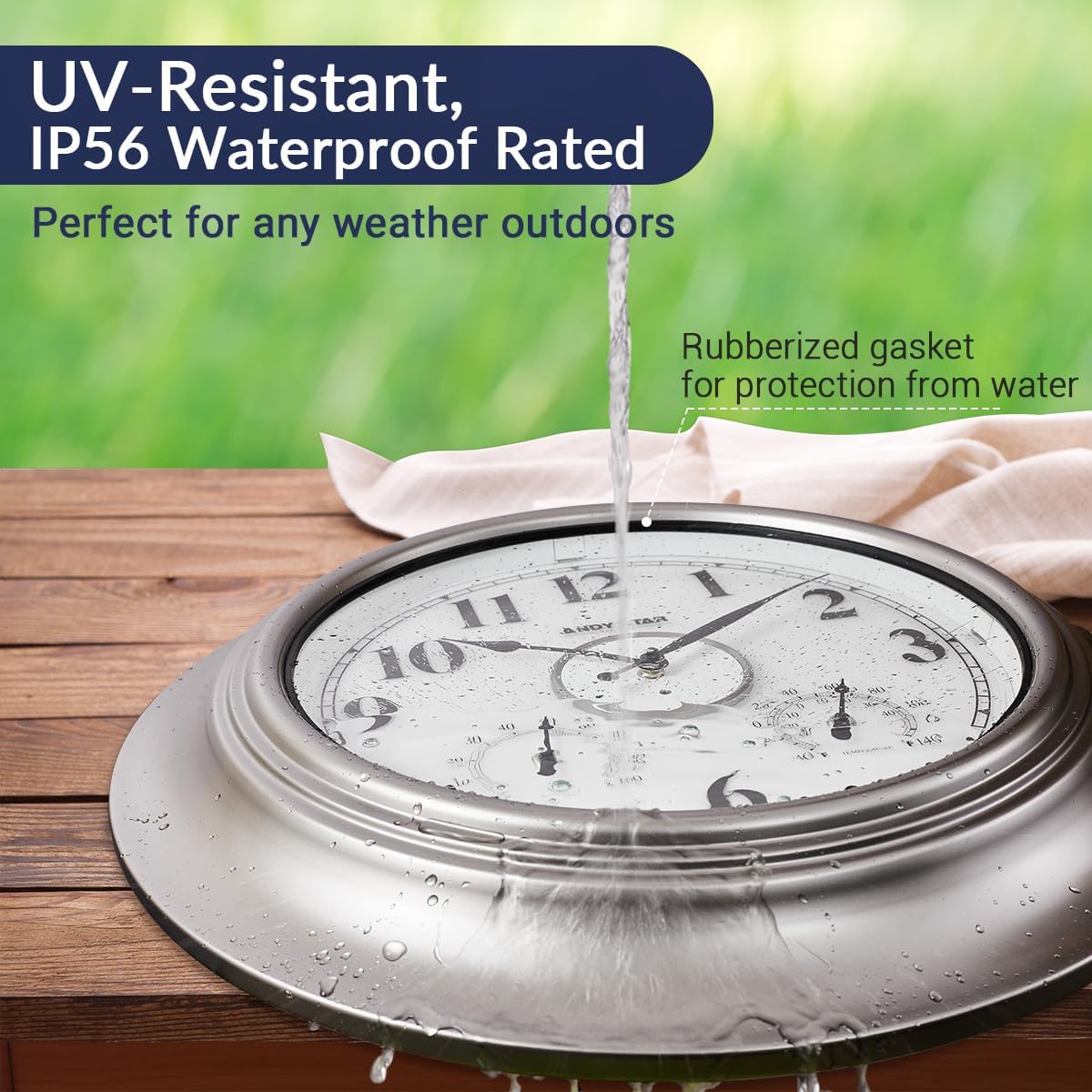 Andy Star 21 Inch Silver Illuminated Outdoor Wall Clock Waterproof with Thermometer and Hygrometer, Oversized Battery Operated Round Wall Clock, Big Silent Non Ticking Clock for Patio Pool Garden