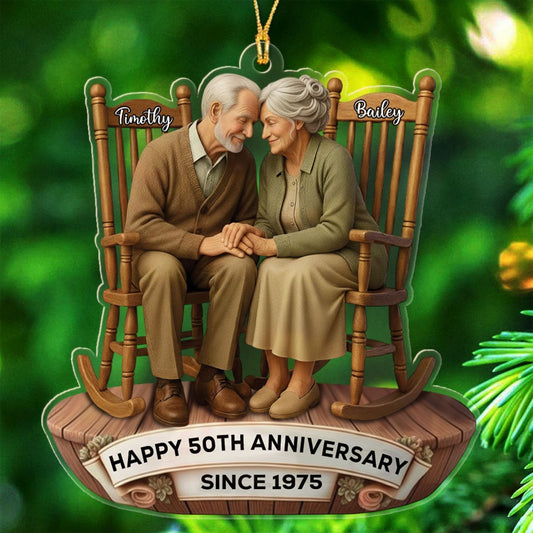 Personalized 50th Anniversary Shaped Christmas Ornament 2025, Old Couple Sitting On Rocking Chairs Together Ornaments Gift for Wedding Anniversary, Custom Text Name Ornament for Parents Grandparents