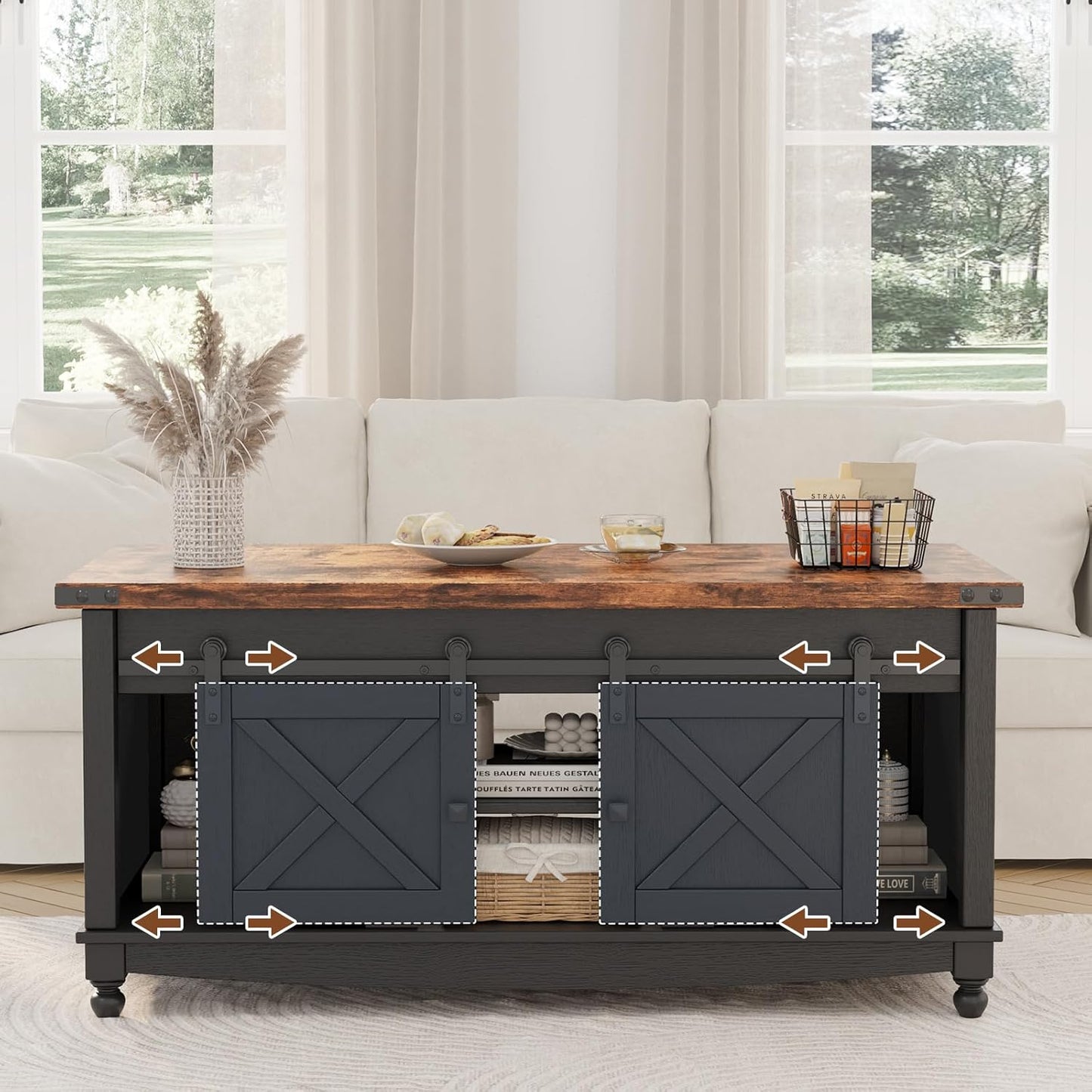 48" Farmhouse Lift Top Coffee Table with Storage Sliding Barn Door & Large Hidden Compartment, Coffee Table with Lifting Top with Wooden Lift Tabletop, Coffee Tables for Living Room, Black