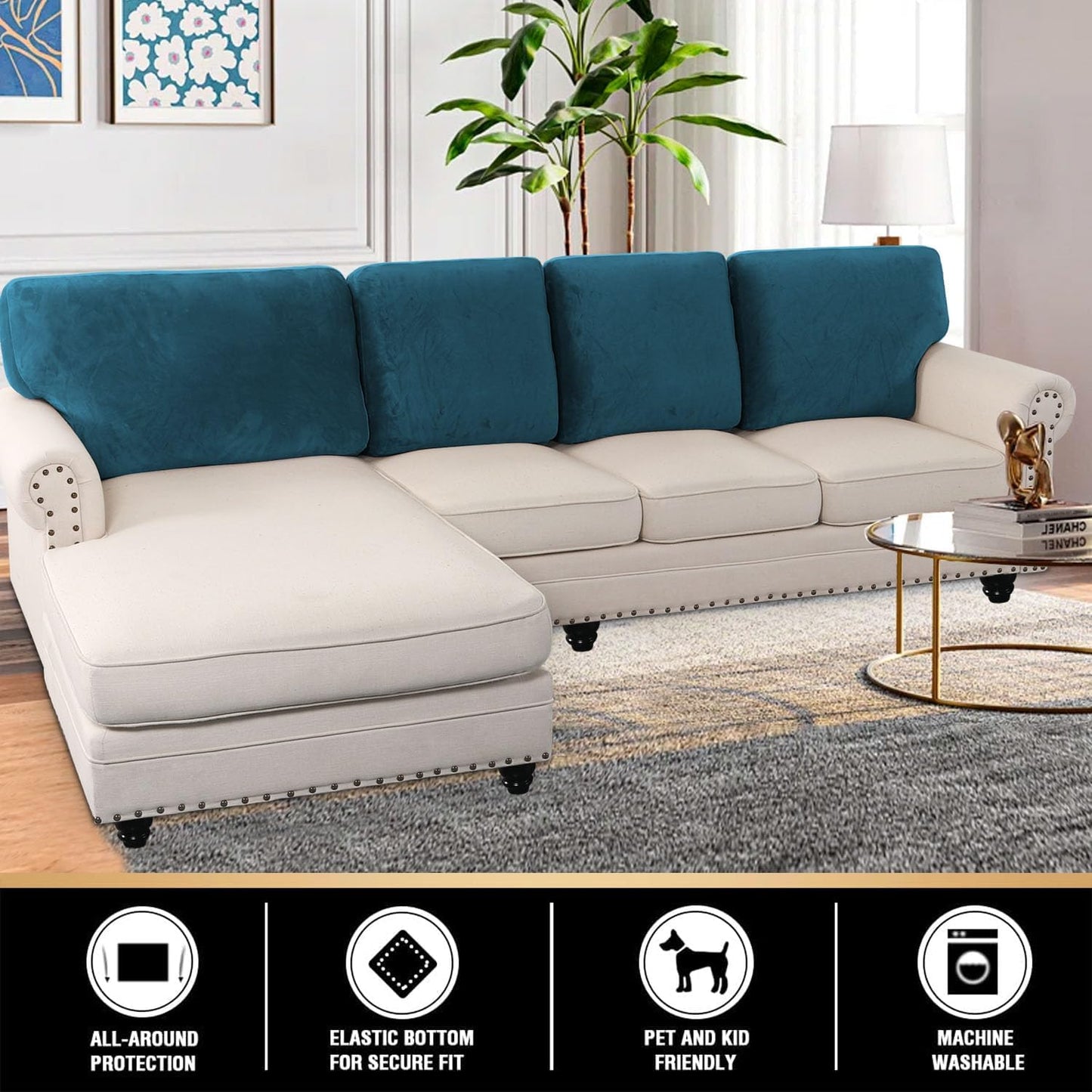 PrinceDeco Sectional Couch Covers Velvet Cushion Covers for Sectional Couch Washable Cushion Covers for Sectional Sofa Pet Friendly Sectional Sofa Slipcovers(1 Chaise Back+ 3 Sofa Back,Deep Teal)