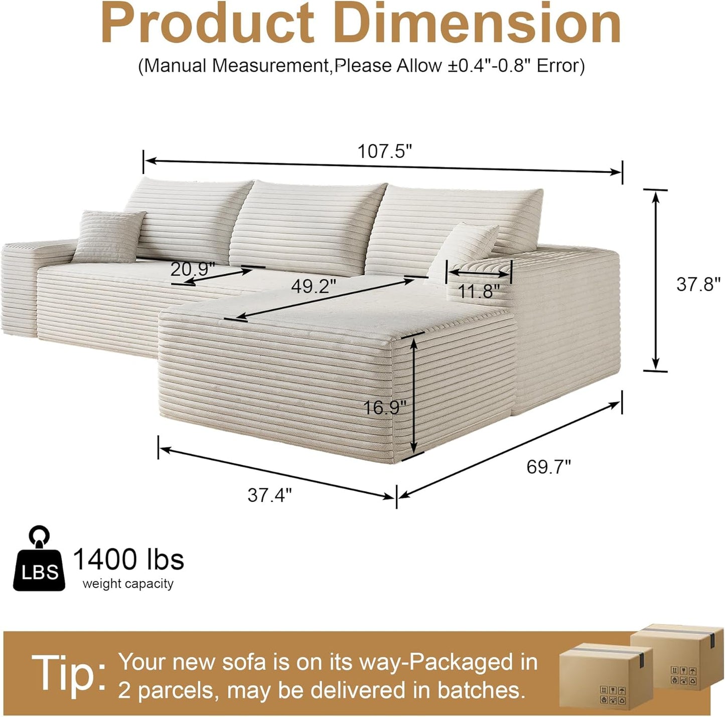 108" Sectional Couches for Living Room Modern Modular Sofa with L-Shape Couchs Upholstered Boneless Couch Deep Seat Sectional Couch with Chaise (White, Right Facing Chaise+2Seaters)