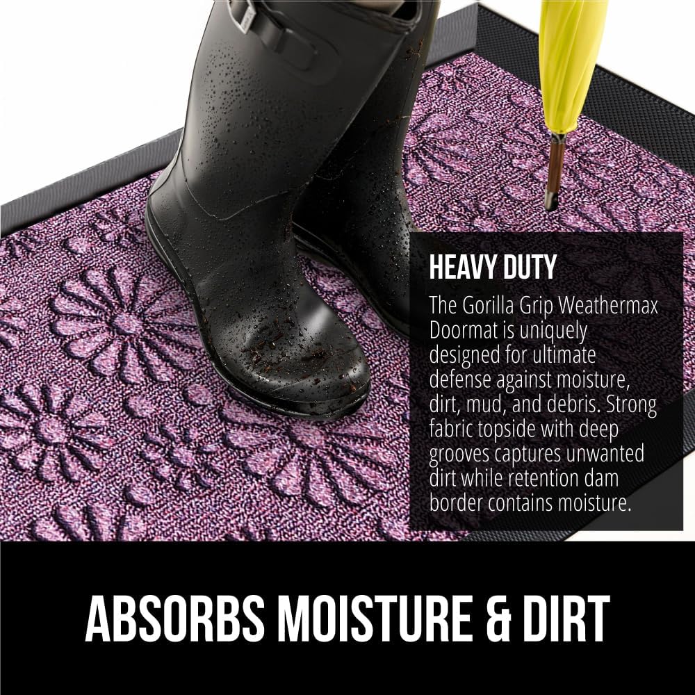 GORILLA GRIP 100% Waterproof All-Season WeatherMax Doormat, Durable Natural Rubber, Stain and Fade Resistant, Low Profile, Indoor Outdoor Door Mats, Easy Clean Entry Mat, 17x29, Purple Confetti Daisy