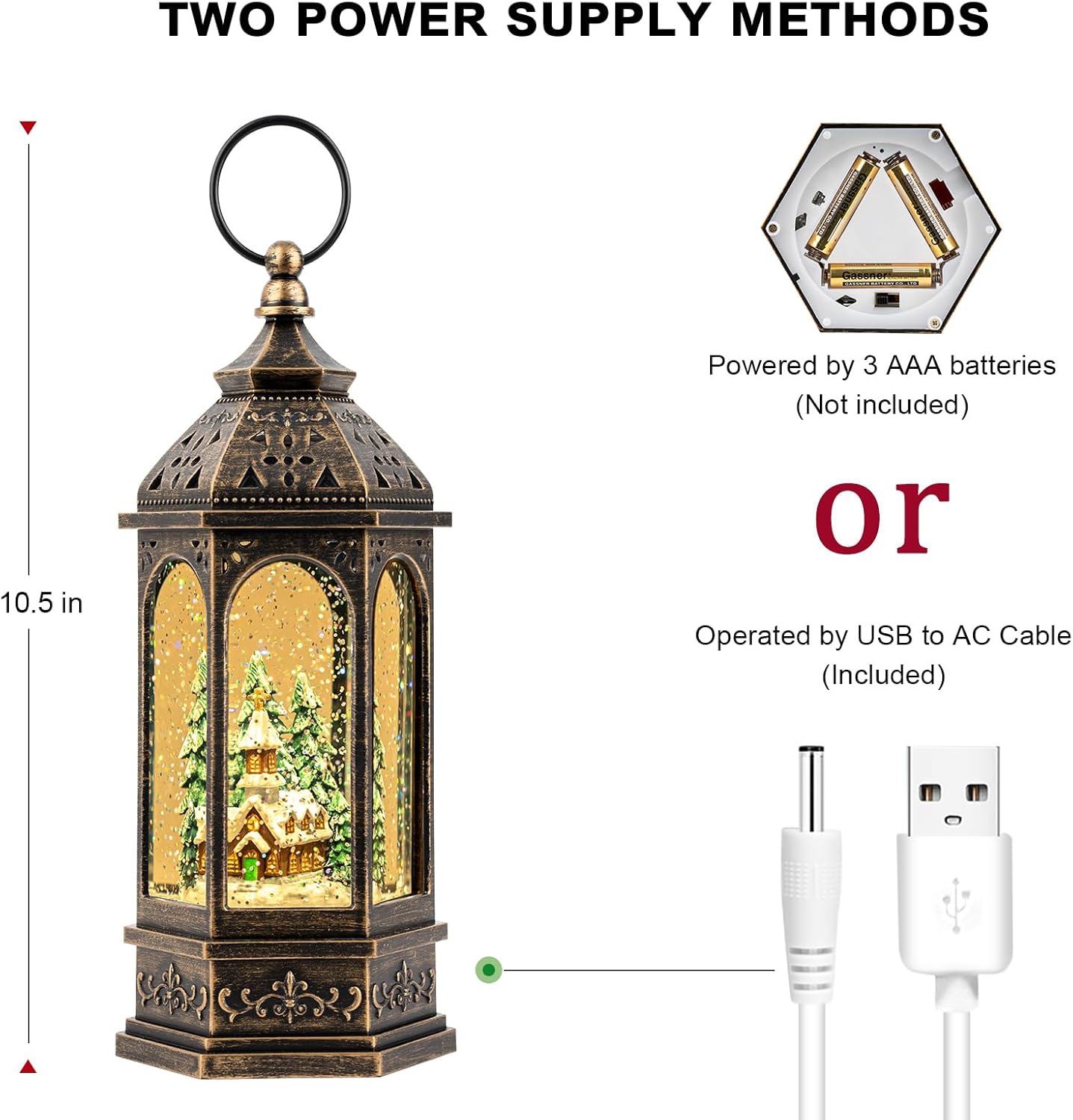 Christmas Snow Globe Lantern Lighted Holiday Village Church with Music& Timer, USB Lined/Battery Operated Lighted Lantern for Christmas Festival Decoration Gifts