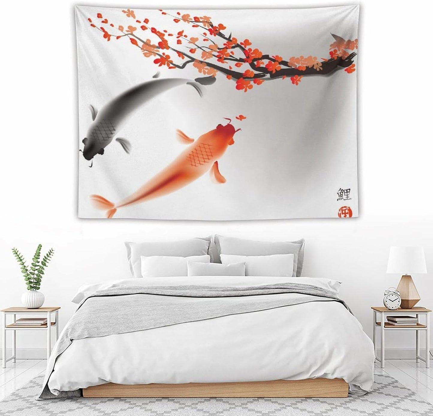 Houselerax Japanese Koi Fish Tapestry, Cherry Blossoms Asian Oriental Flower Branch Koi Fish Carp Tapestries Wall Hanging for Bedroom Living Room Office Decor 80"x60"
