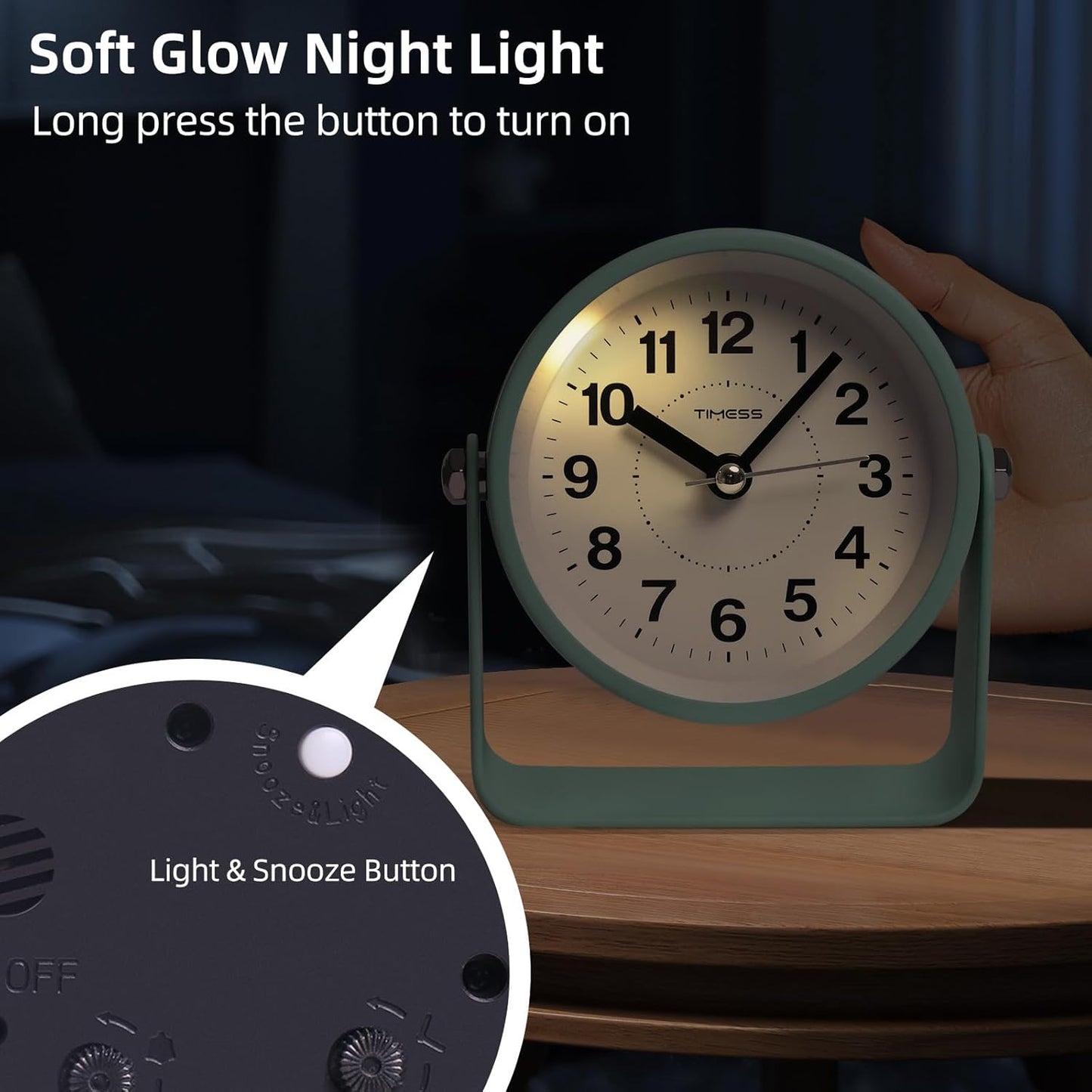 Analog Alarm Clock, Silent Non-Ticking Quartz Movement, Battery-Operated with Snooze & On-Demand Light, Easy to Set Gentle Wake Bedside Desk Clock, Ideal for Home, Travel, Office (Green)