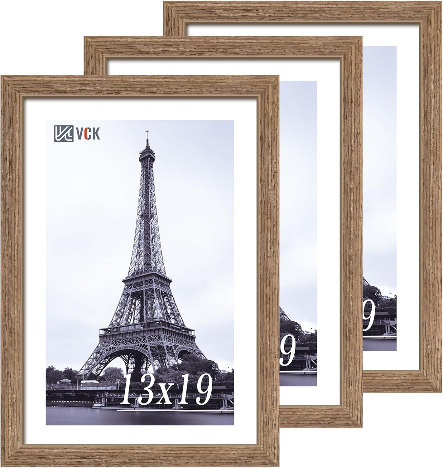 VCK 13x19 Picture Frame 3 Pack - Brown Walnut, Natural Textured Solid Wood Frame, Wall Gallery Frame