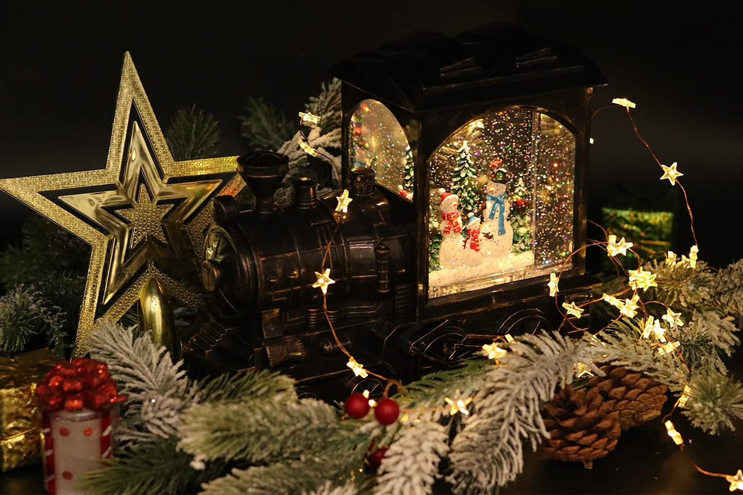 GenSwin Lighted Christmas Snow Globe Lantern, Battery Operated Snowman Musical Train LED Water Glittering with 6H Timer, Christmas Home Decoration Gift(Copper)