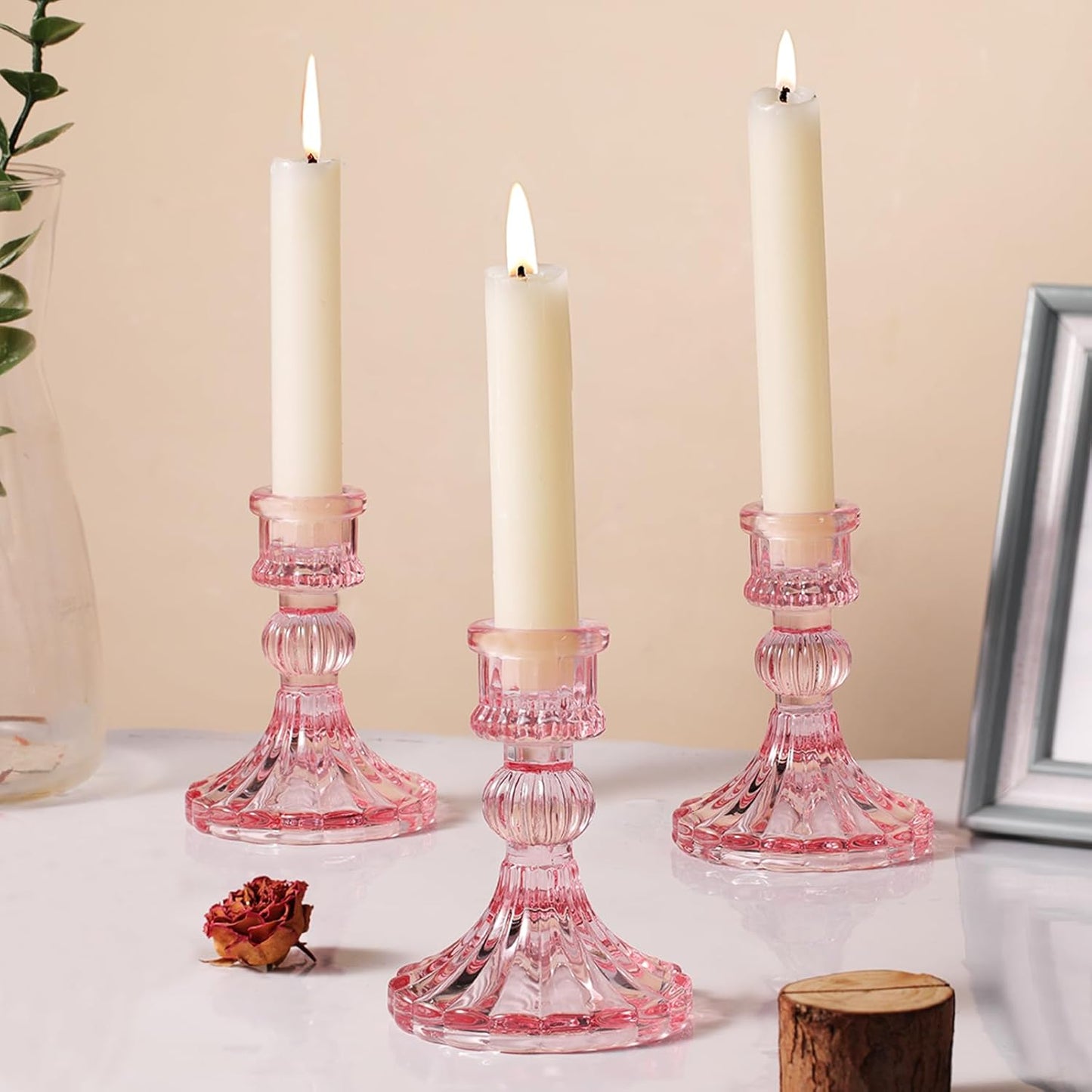12PCS Pink Candlestick Holders Set- 4" H Taper Candle Holders, Glass Candle Holders Bulk for Wedding, Party, Home Table Centerpieces, Festival Gifts & Windowsill Decor