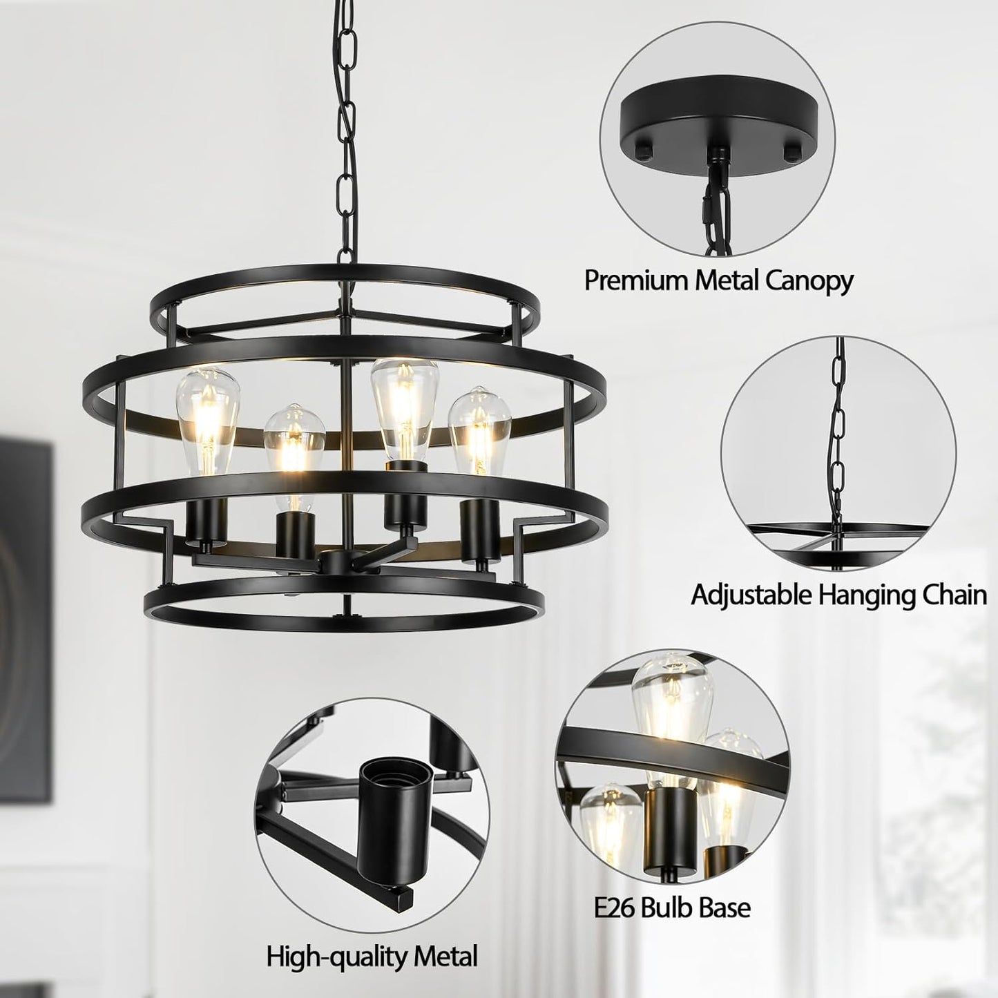 4-Light Black Chandelier for Dining Room, 19.7" Modern Farmhouse Pendant Light with Geometric Metal Frame, Industrial Flush Mount Ceiling Light for Living Room, Bedroom, Kitchen Island, Hallway, Foyer