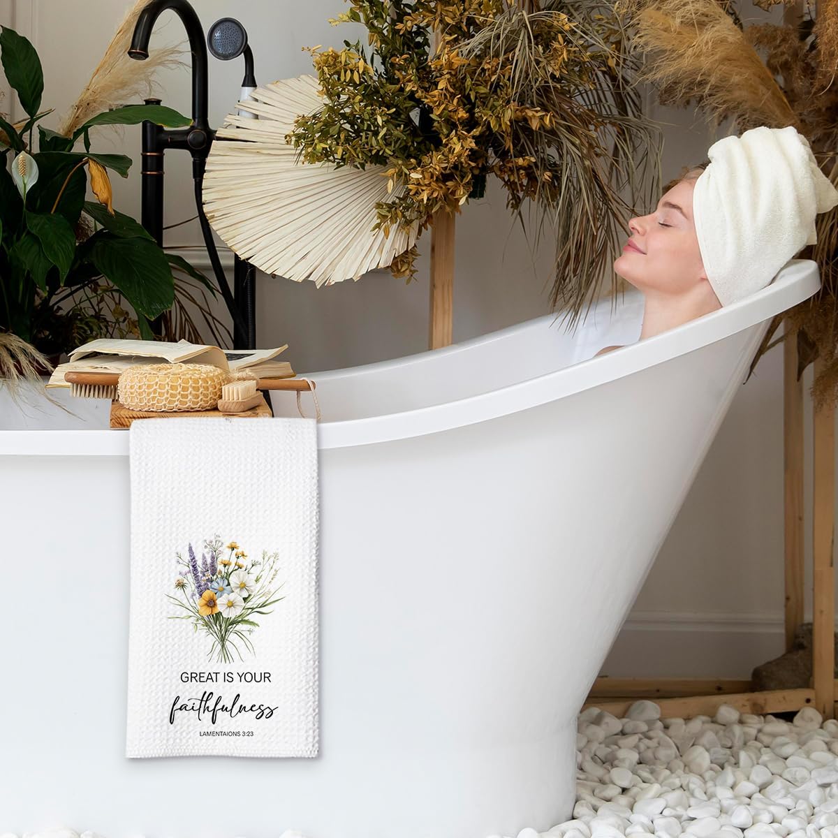 Christian Kitchen Towel, Waffle Weave Microfiber Scripture Hand Towel, Great is Your Faithfulness Bible Verse Farmhouse Decor for Kitchen Bathroom, Inspirational Gift for Women