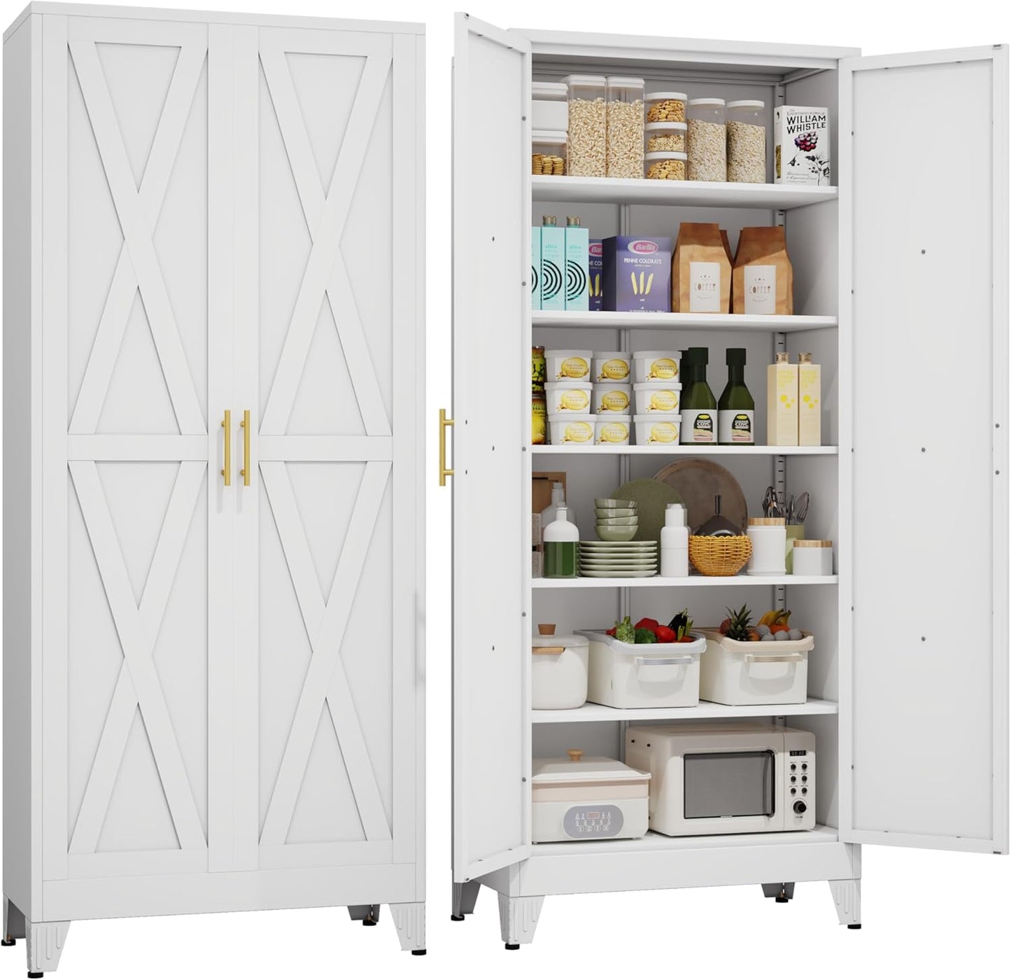 75" Tall Metal Kitchen Pantry Storage Cabinet, Freestanding Cupboard with 2 Doors and 5 Adjustable Shelves, Standing Storage for Kitchen, Bathroom, Garage, Dinning Room or Utility Room（White）