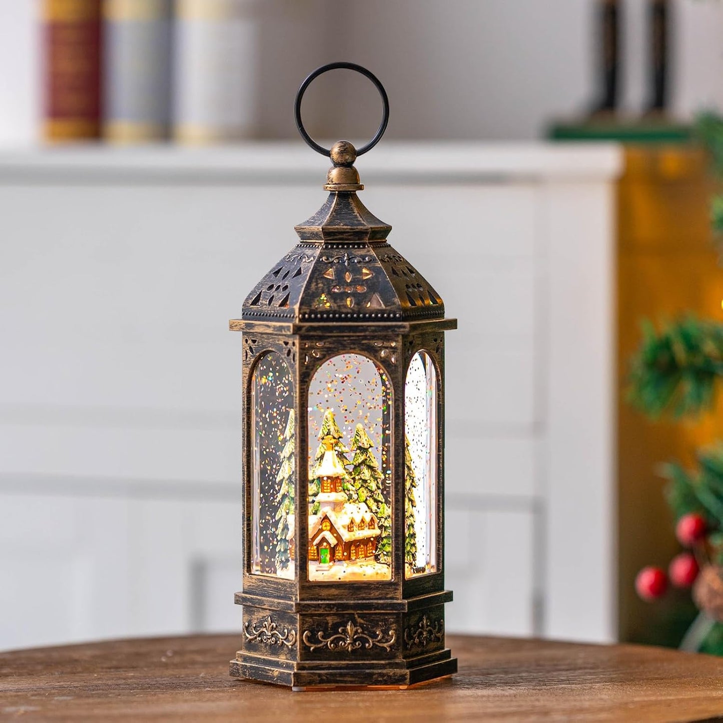 Christmas Snow Globe Lantern Lighted Church Musical Snow Water Lantern Swirling Glittering Home Decoration and Gift, Battery Operated or USB Powered
