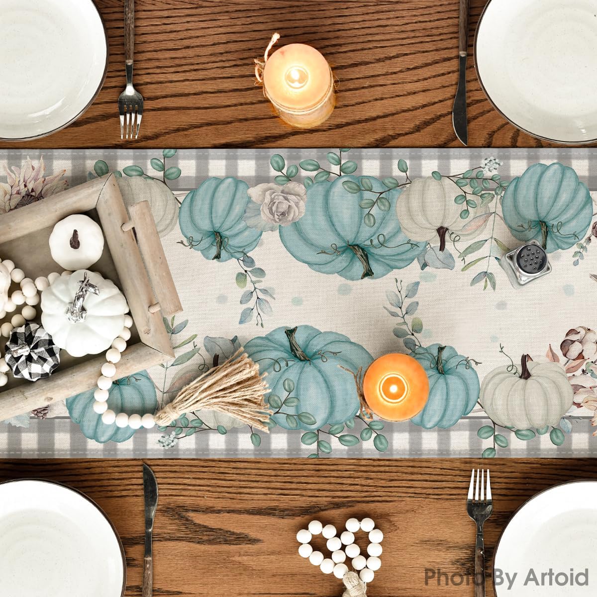 Artoid Mode Buffalo Plaid Pumpkins Leaves Fall Table Runner, Autumn Thanksgiving Kitchen Dining Table Decoration for Home Party Decor 13x72 Inch