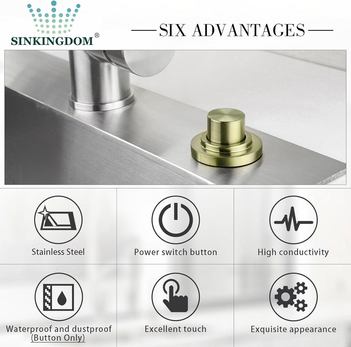 SinkTop Air Switch Kit with Brass Gold Long Button (Full Brass) for Garbage Disposal,without cabel
