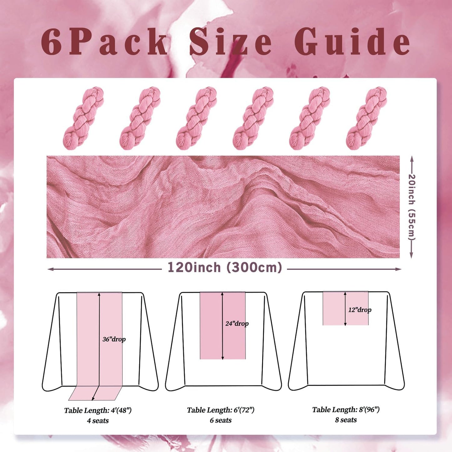 6 Pack Dusty Rose 10FT Cheesecloth Table Runner 20 x 120 Inch Long Rustic Gauze Fabric Cheese Cloth Table Runner for Wedding Bridal Baby Shower Table Decorations Boho Sheer Birthday Party Table Decor