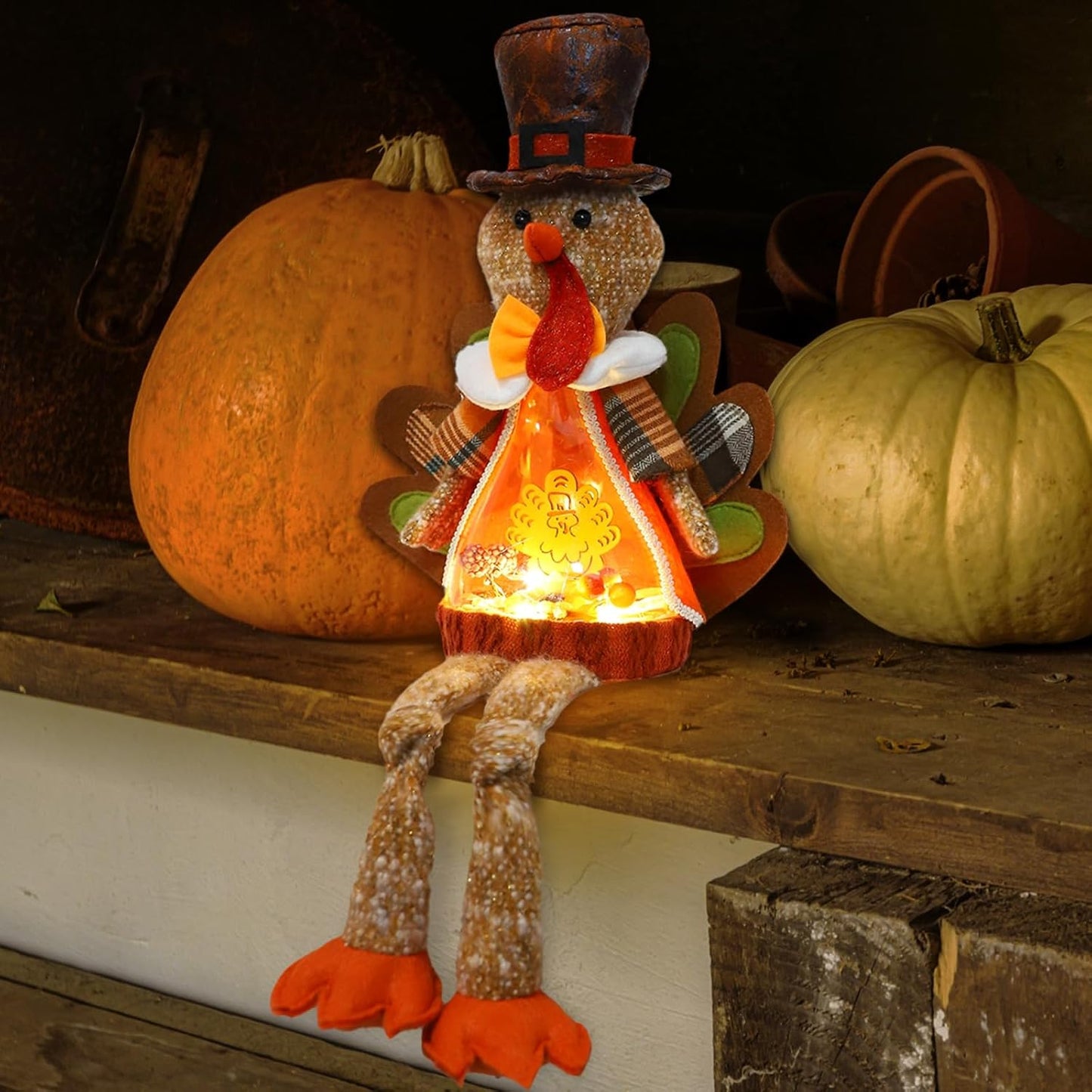 Lighted Christmas Doll, Plush Light Up Christmas Doll Toy Holiday Present, Battery Operated Xmas Gifts Winter Mantle Tabletop Decor (Brown Thanksgiving Turkey 16in)