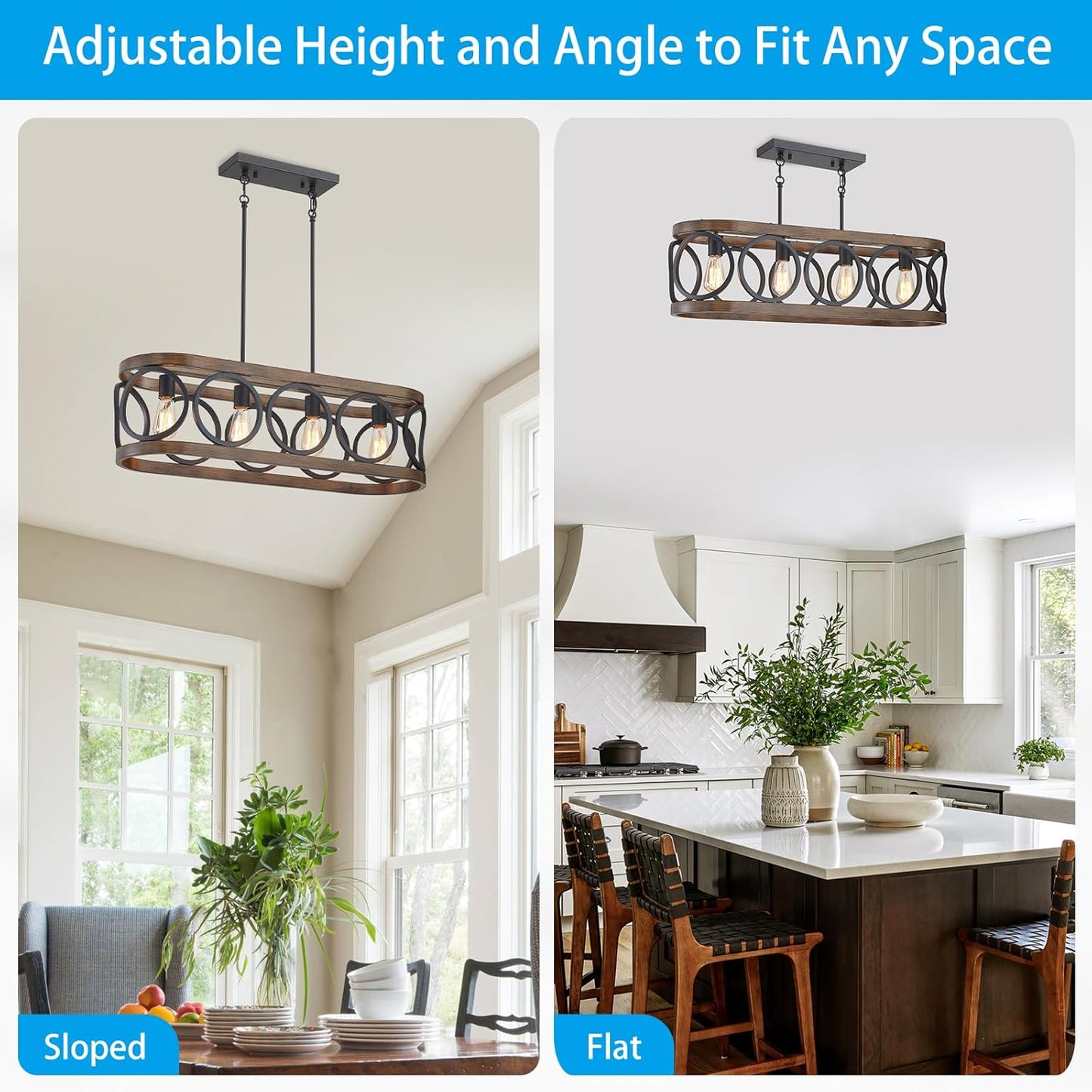 XINGQI Rectangular Linear Kitchen Island Chandeliers Over Table 32.7" Black Pendant Lighting Fixtures Farmhouse 4-Light for Dining Room Bar Office Coffee Shop, Black Wood Grain