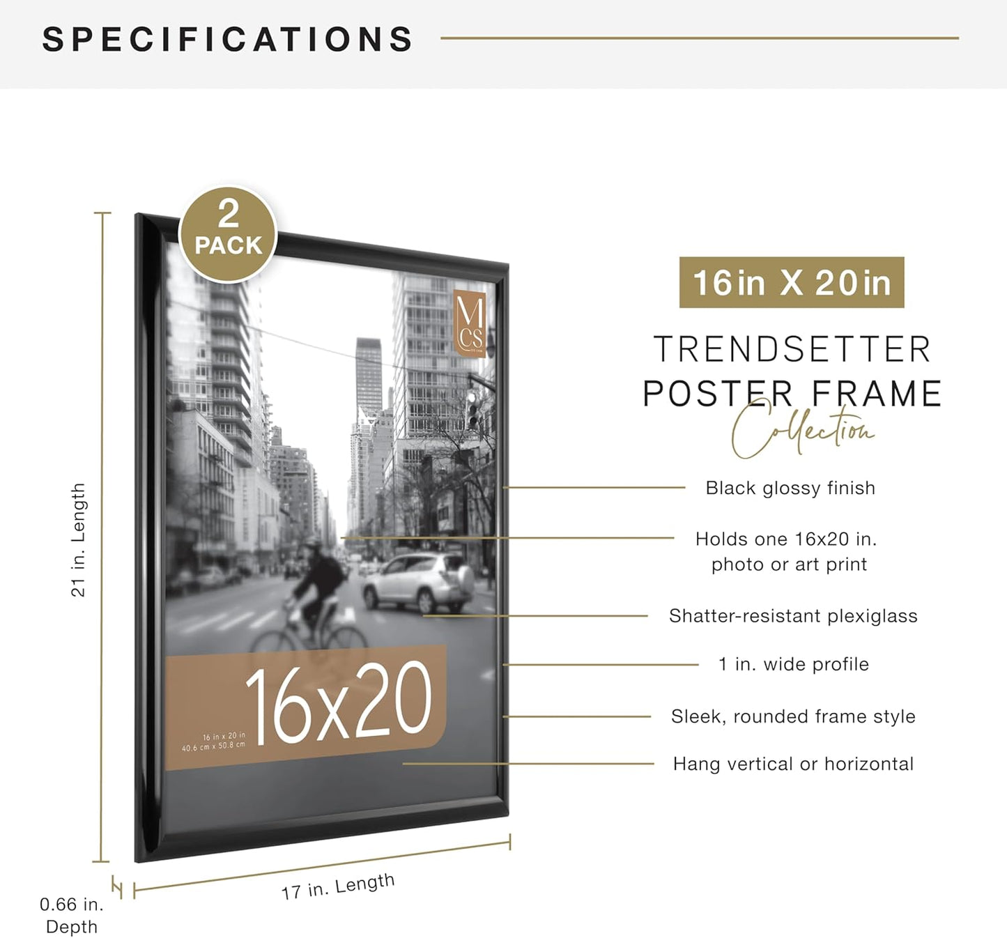 MCS Trendsetter 16x20 Poster Frame Black High-Gloss, Vertical & Horizontal Wall Hanging Large Picture Frame for Photos, Posters & Art Prints (1-Pack)