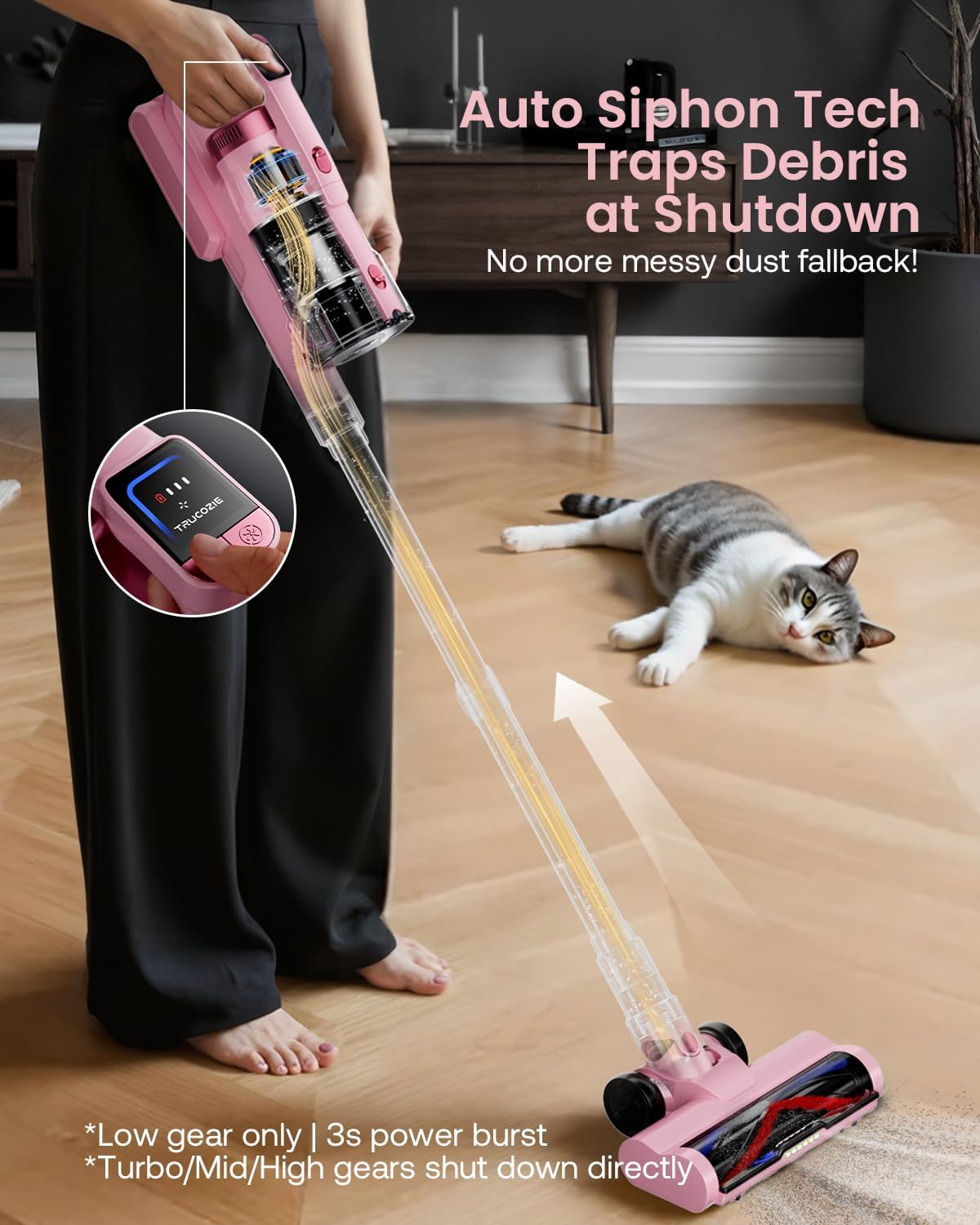 Cordless Vacuum Cleaner for Home, Upgraded 60Kpa Powerful Suction Pet Hair Vacuum with 70min Runtime, Green LED Light for Hardwood Floors & Carpet, Self-Standing Rechargeable Stick Vacuum, Pink