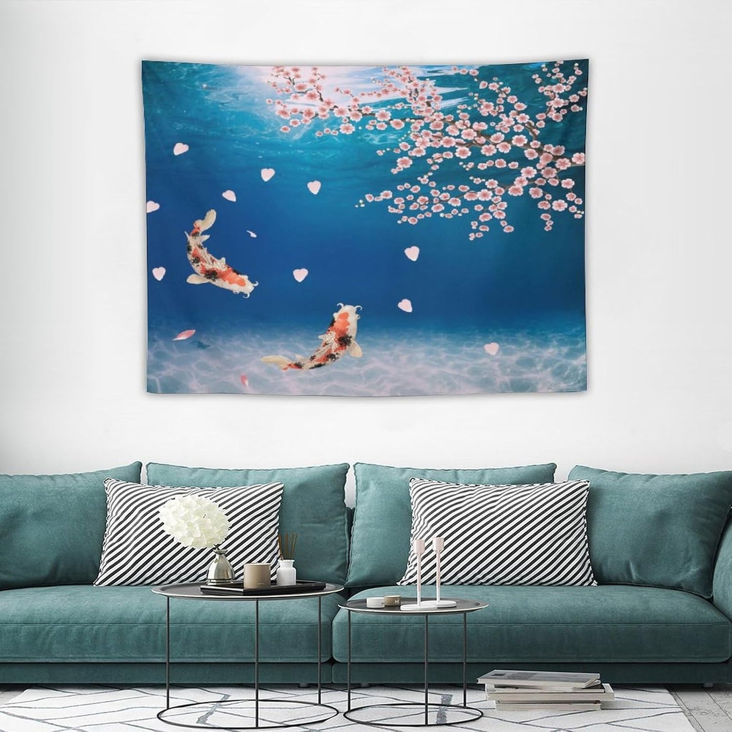 Japanese Koi Fish Tapestry, Cherry Blossoms Asian Oriental Blue Floral Branch Koi Fish Carp Tapestries Wall Hanging for Bedroom Living Room Office Decor 40"x30"