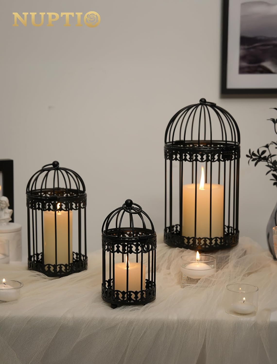 NUPTIO Vintage Bird Cage Lantern: Black Hanging Bird Cage Decor Candle Lanterns for Centerpiece - Large Birdcage Pillar Candles Holder for Halloween Christmas Bridal Shower 10 Inch H