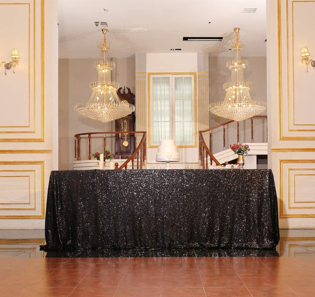 SquarePie Sequin Tablecloth 90 x 156 Inch Black Sparkly Table Linen for Wedding Halloween Party