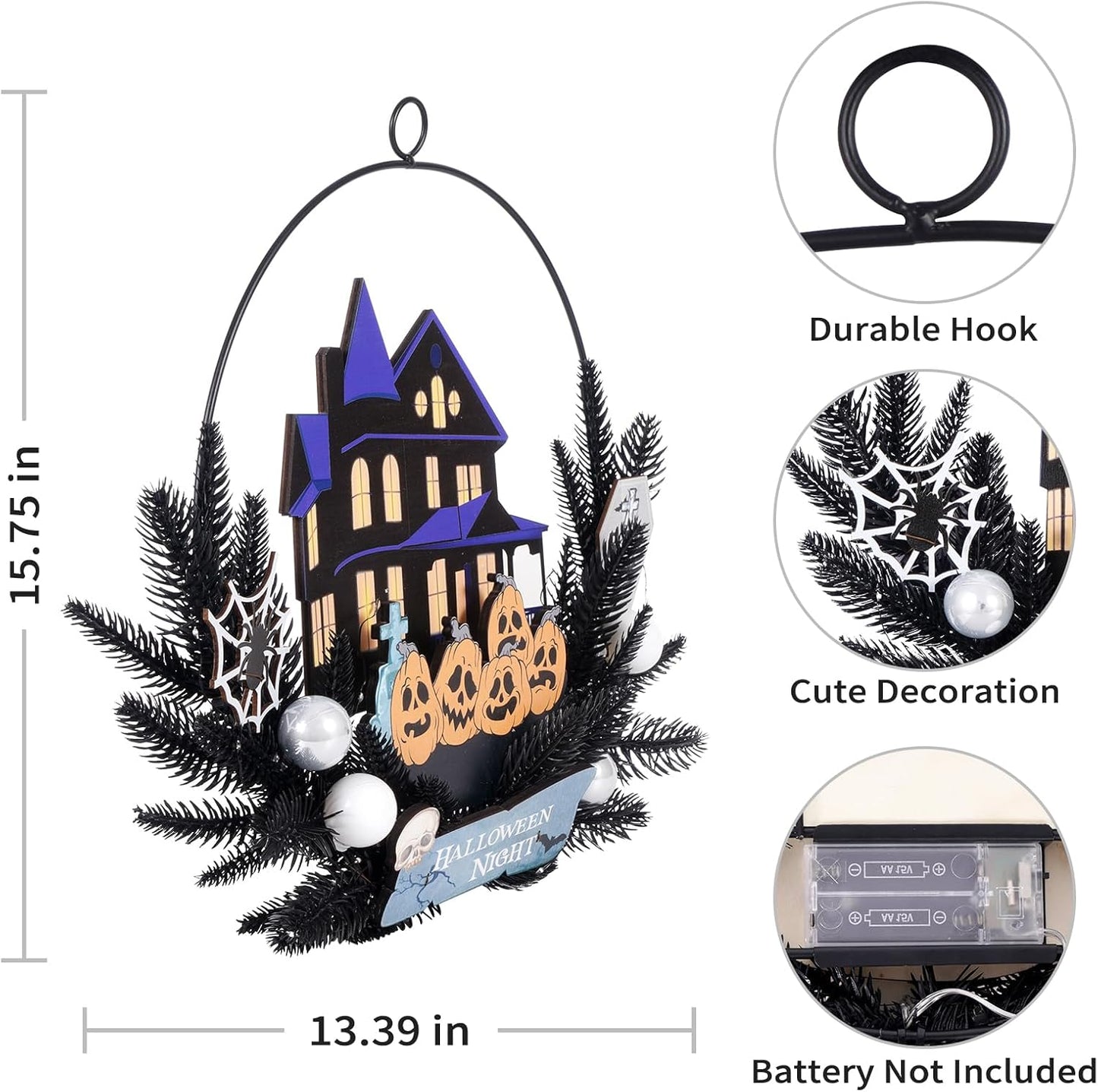 Lighted Halloween Wreaths for Front Door, Welcome Metal Wooden Door Wreath Decor Hanging Sign, 30 LED Lighted Wall Decor Battery Operated for Halloween Indoor Outdoor (Pumpkin)