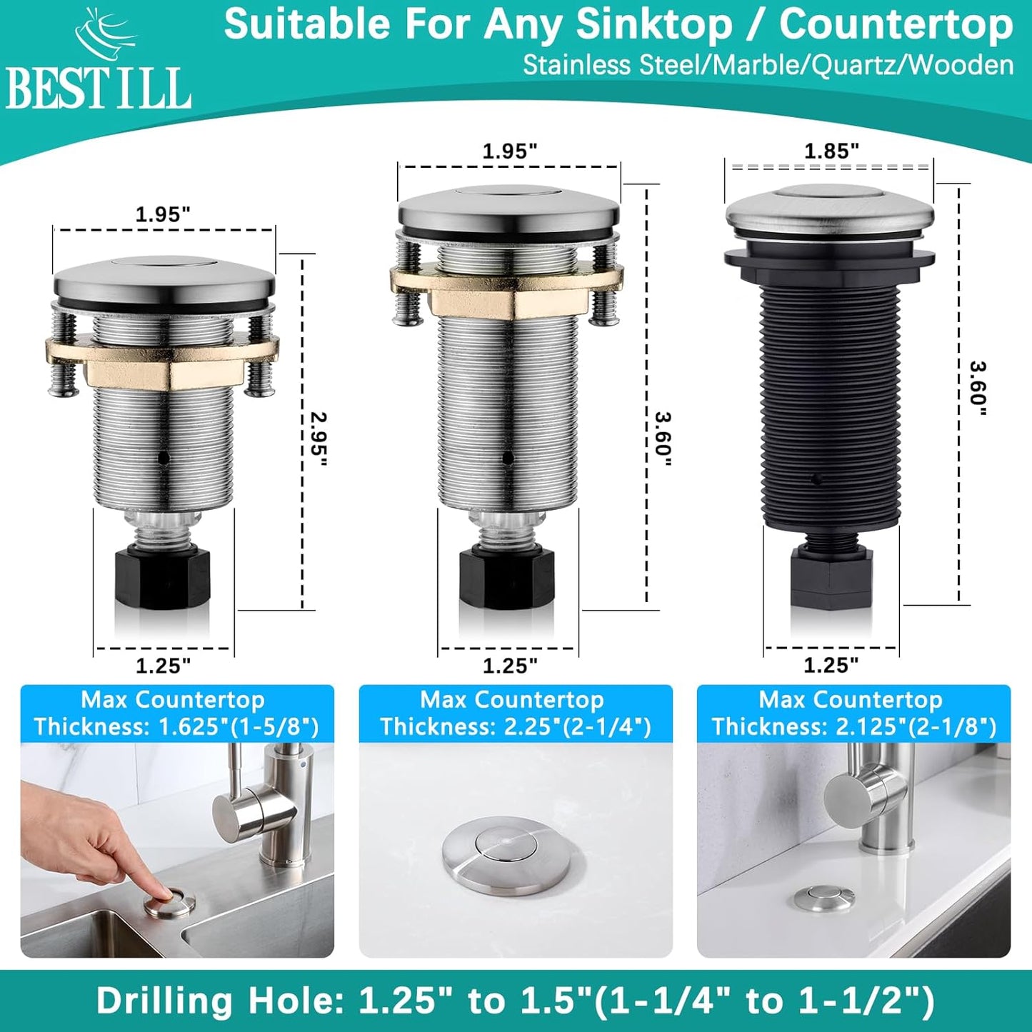 BESTILL Garbage Disposal Air Switch Kit - UL Listed, Brass 3.6" Long Push Button for Waste Disposer, Cordless Sink Top Switch Button, Brushed Nickel, Compatible with all Garbage Disposals