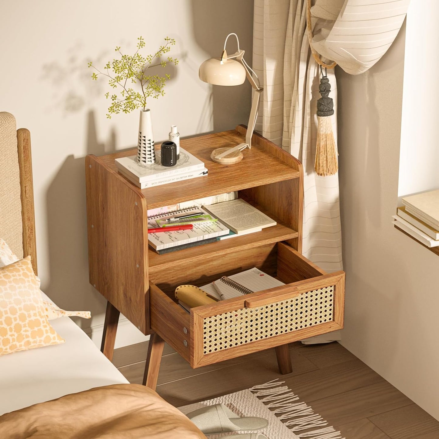 Lerliuo Rattan Nightstand, Side Table with Drawer Open Shelf, Cane Accent Bedside End Table with Solid Wood Legs, Mid Century Modern Night Stand for Bedroom, Dorm and Small Spaces (Tea Brown)